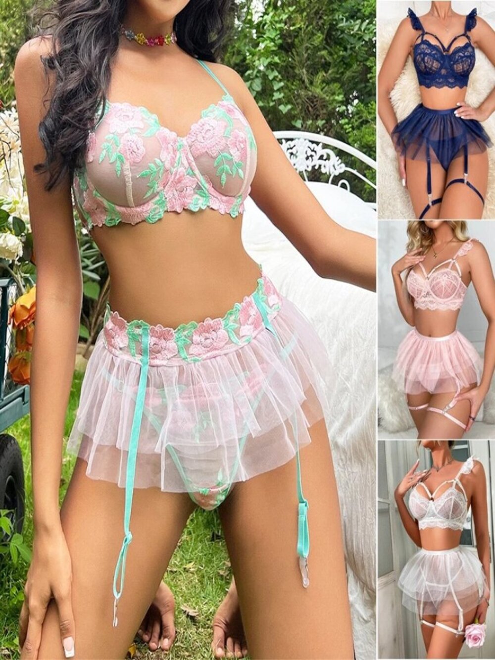 Women Sexy Lingerie Lace Sheer Babydoll Nightie Chemise Sleepwear Bra Skirt Set. - Picture 10 of 14